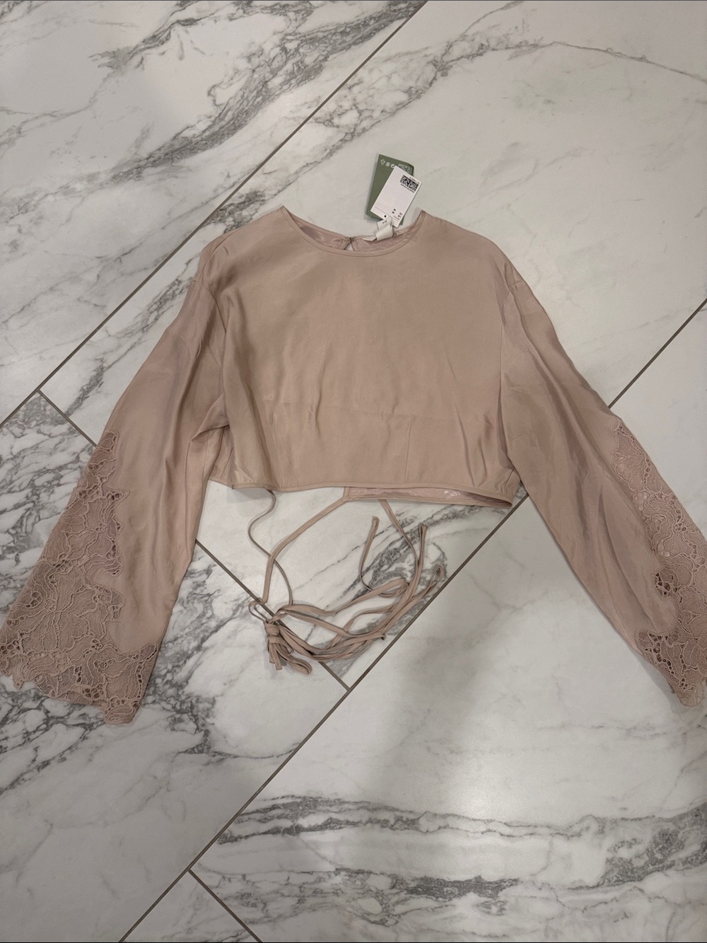 Women's Lace-Sleeve Crop Top in Blush NWT